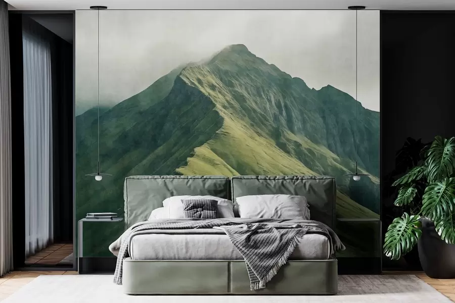 wall murals Mountain malachite with green slopes and a peak wrapped in soft mist w05820