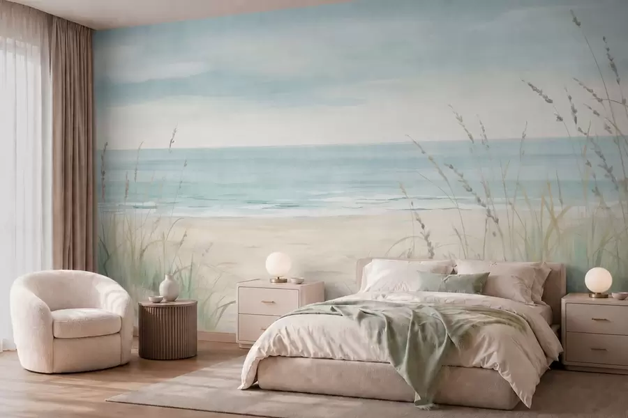 wall murals Shell sand with a gentle seashore and grasses in soft pastel tones w05821
