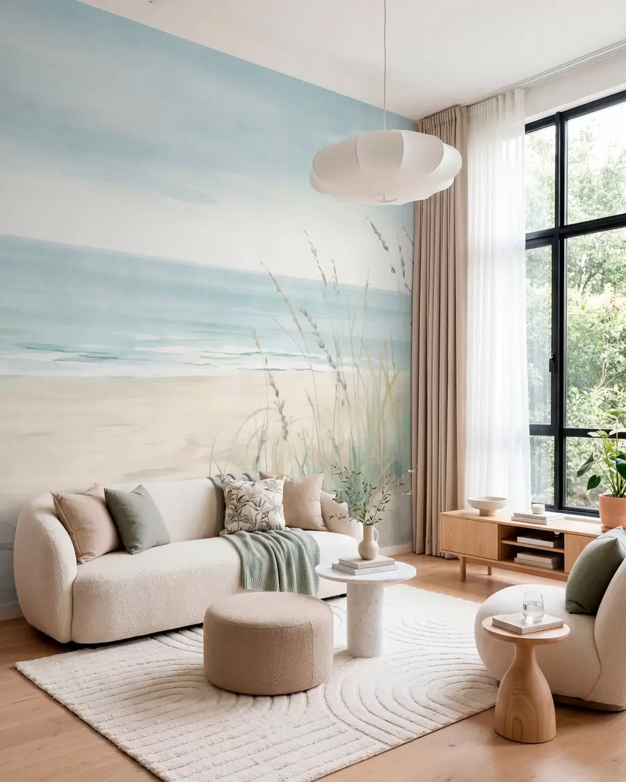 wall murals Shell sand with a gentle seashore and grasses in soft pastel tones w05821