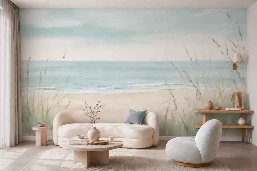 wall murals Shell sand with a gentle seashore and grasses in soft pastel tones w05821