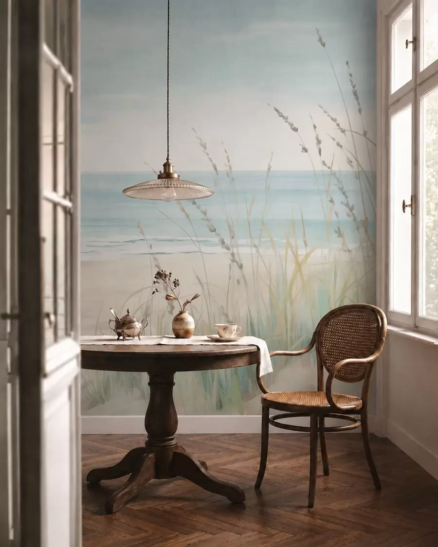 wall murals Shell sand with a gentle seashore and grasses in soft pastel tones w05821
