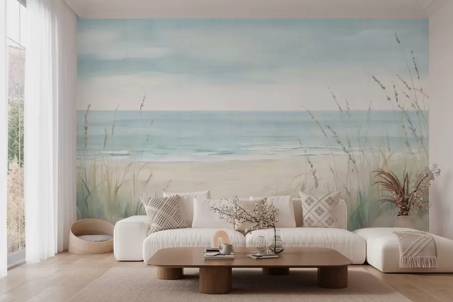 wall murals Shell sand with a gentle seashore and grasses in soft pastel tones w05821