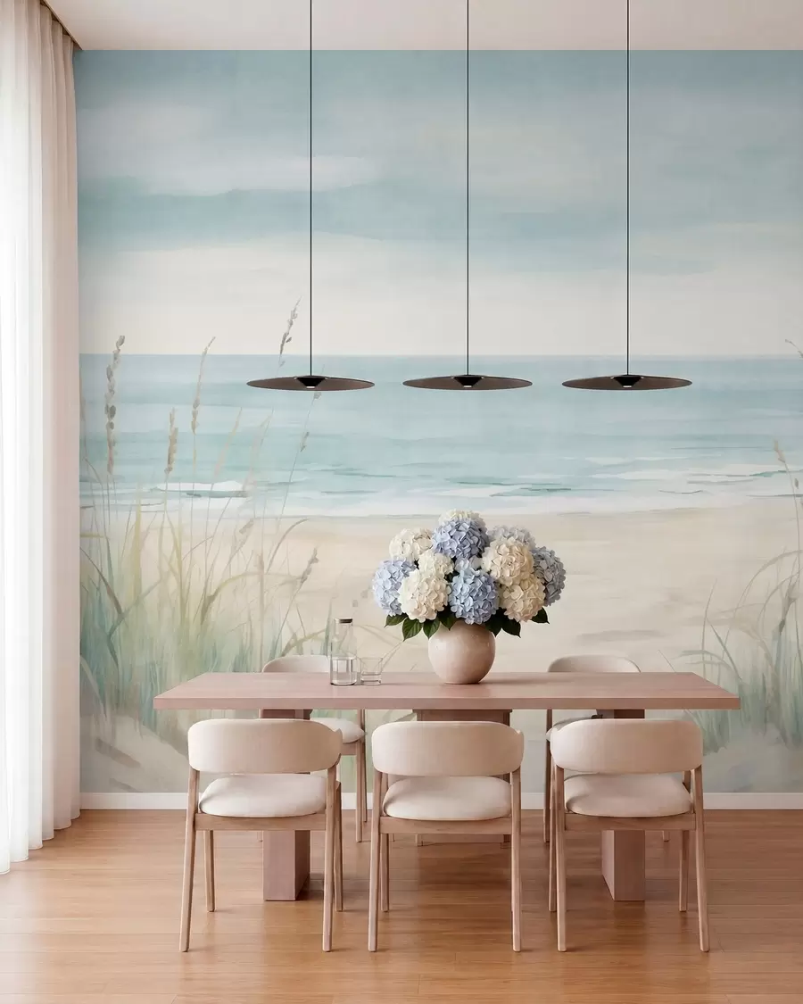 wall murals Shell sand with a gentle seashore and grasses in soft pastel tones w05821