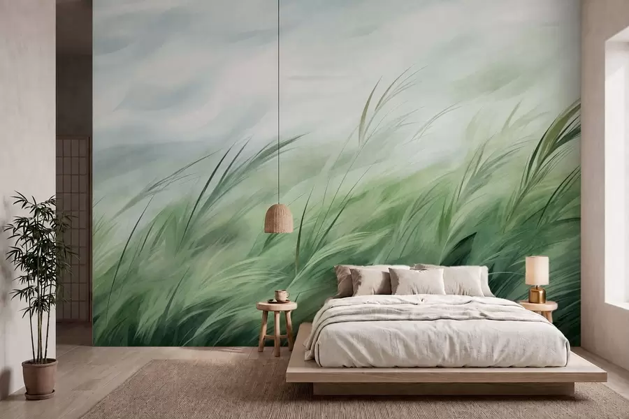wall murals Sage green with delicate grasses gently bending in a quiet breeze w05853