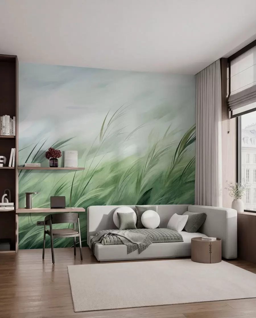 wall murals Sage green with delicate grasses gently bending in a quiet breeze w05853