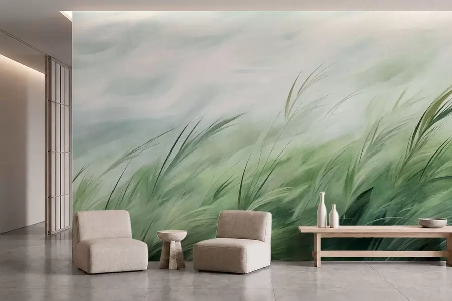 wall murals Sage green with delicate grasses gently bending in a quiet breeze w05853