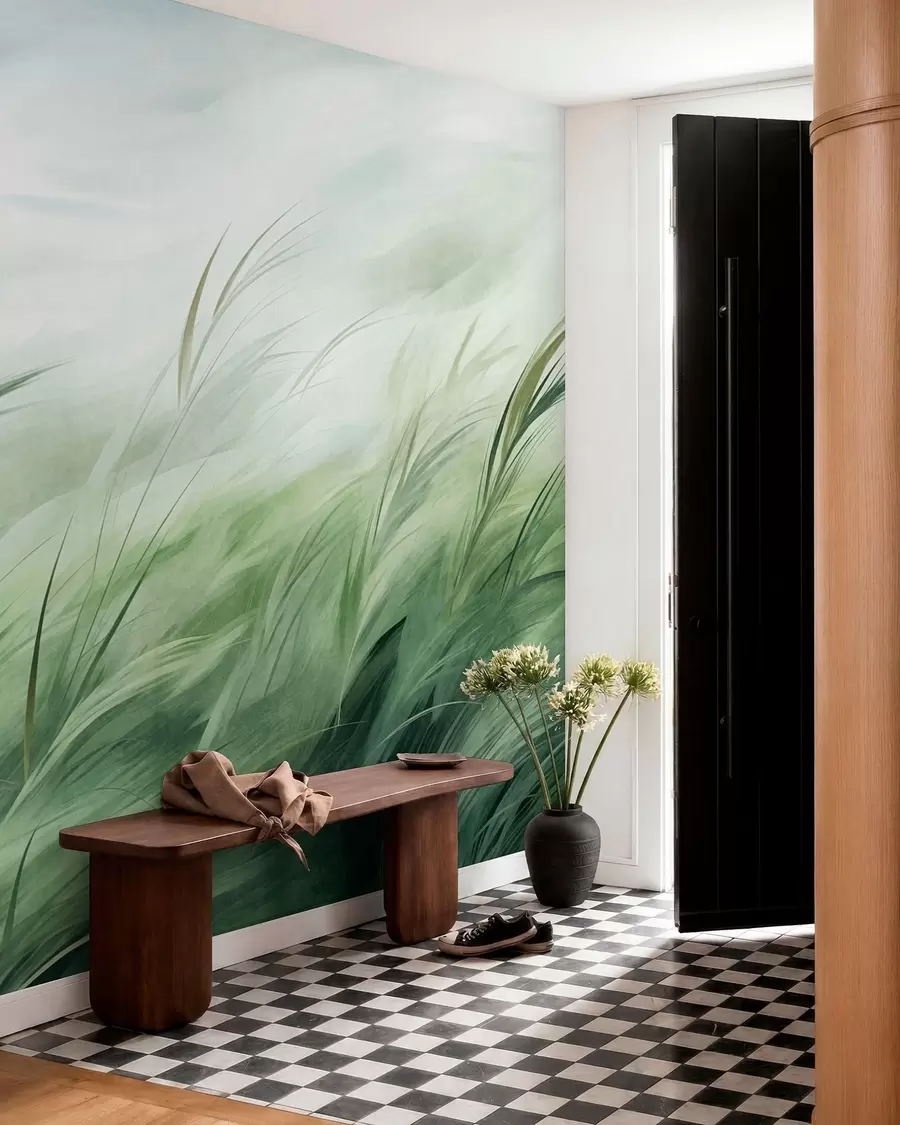 wall murals Sage green with delicate grasses gently bending in a quiet breeze w05853