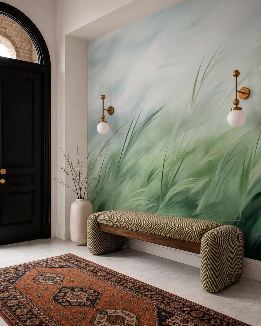 wall murals Sage green with delicate grasses gently bending in a quiet breeze w05853