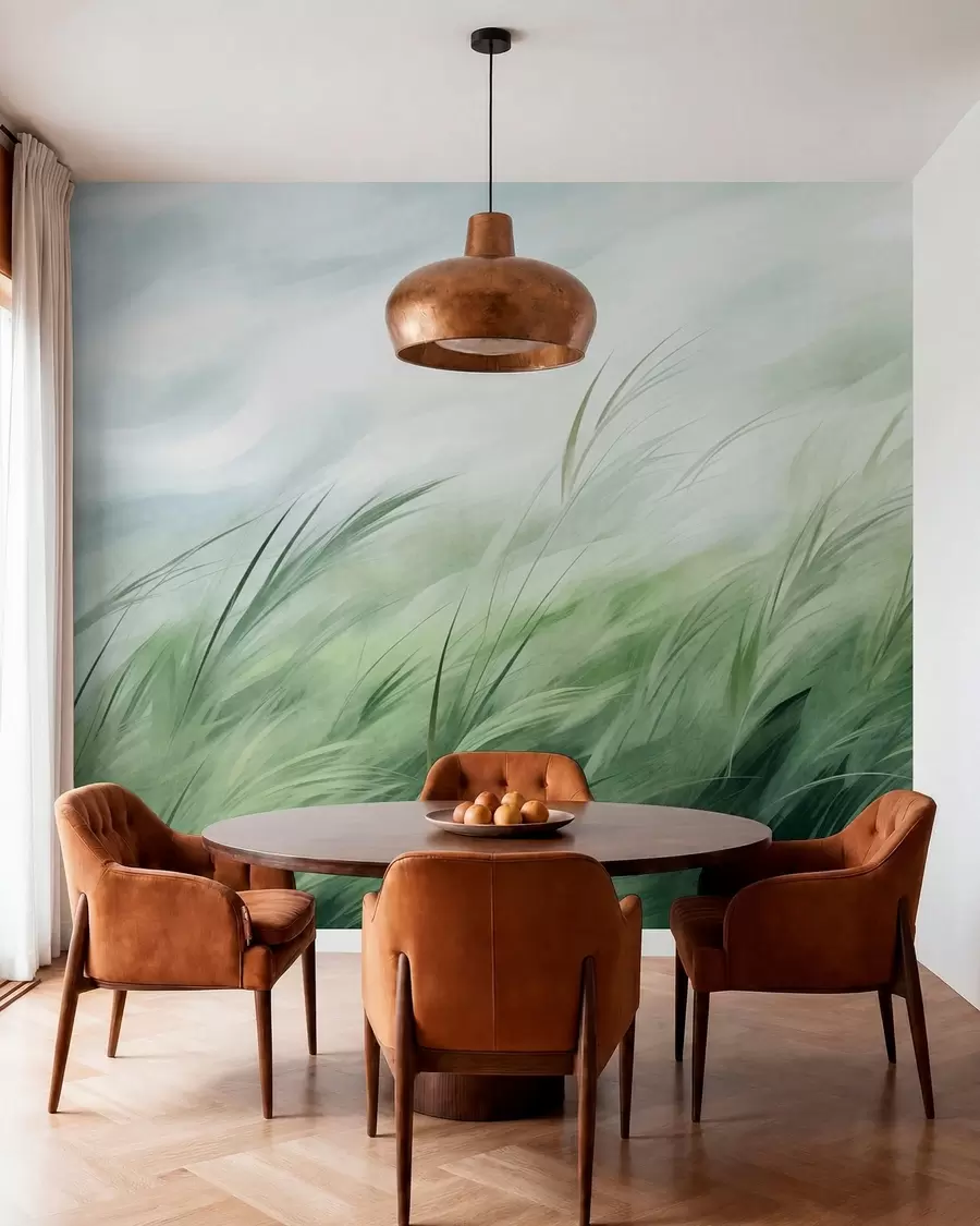 wall murals Sage green with delicate grasses gently bending in a quiet breeze w05853