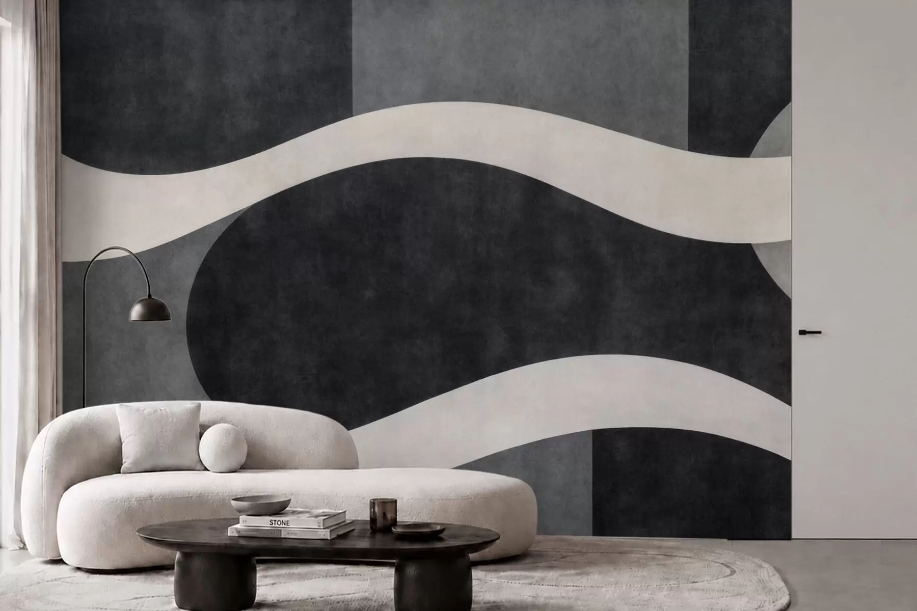 wall murals Graphite with flowing pale waves over deep charcoal gray forms w05854
