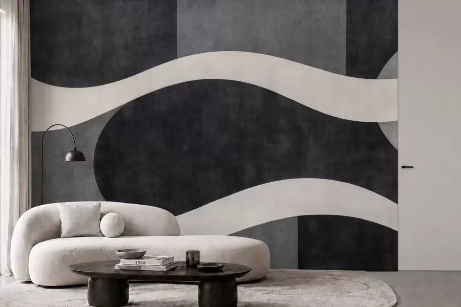 wall murals Graphite with flowing pale waves over deep charcoal gray forms w05854