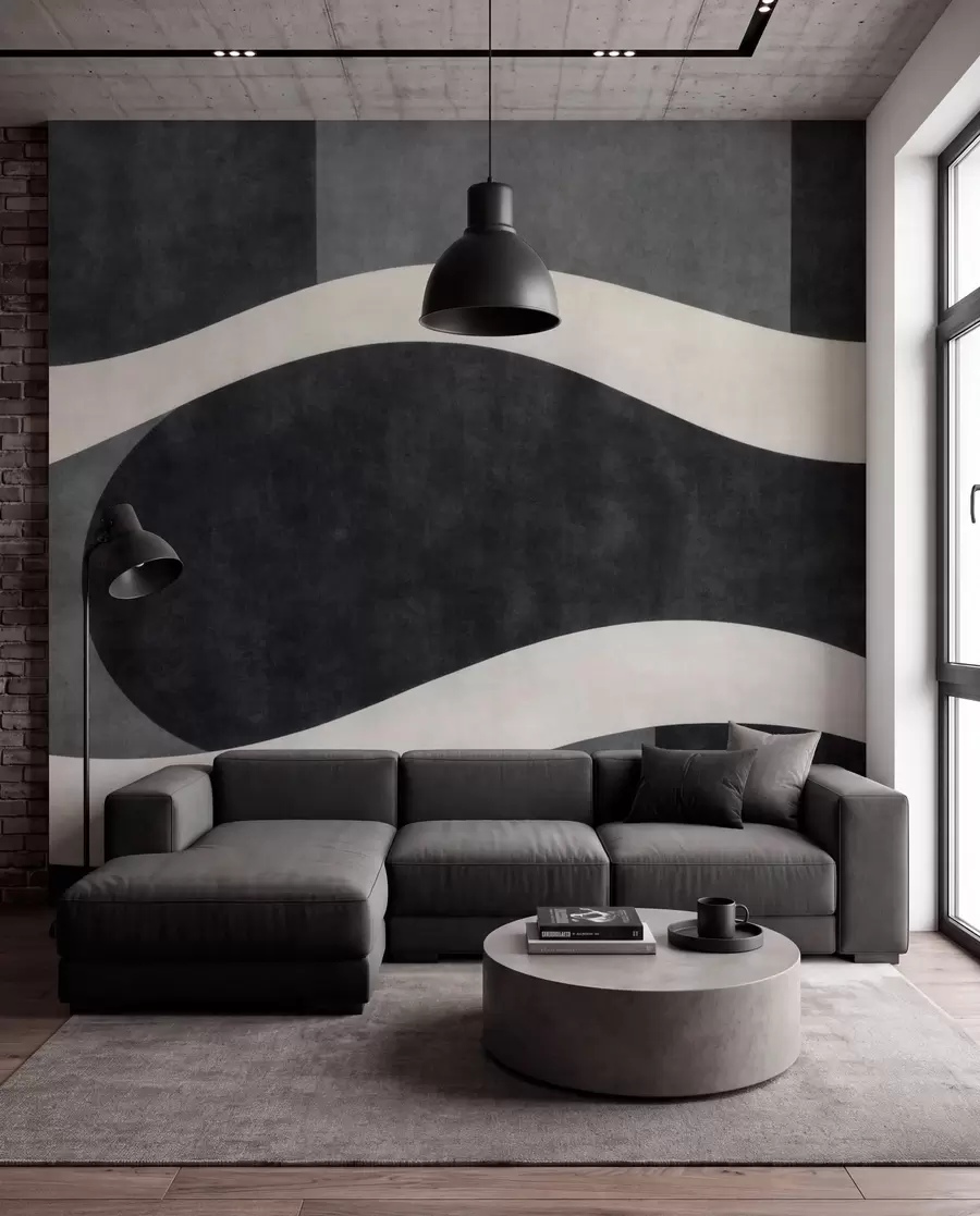 wall murals Graphite with flowing pale waves over deep charcoal gray forms w05854