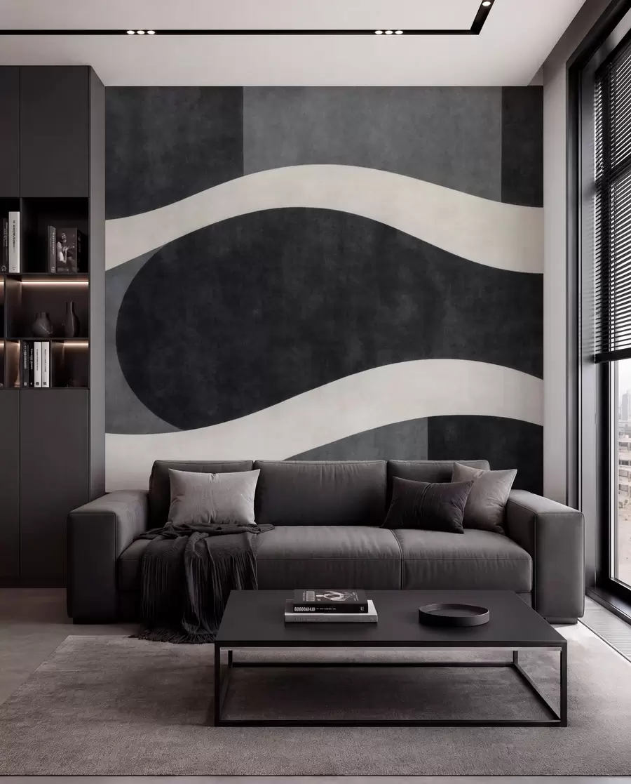 wall murals Graphite with flowing pale waves over deep charcoal gray forms w05854