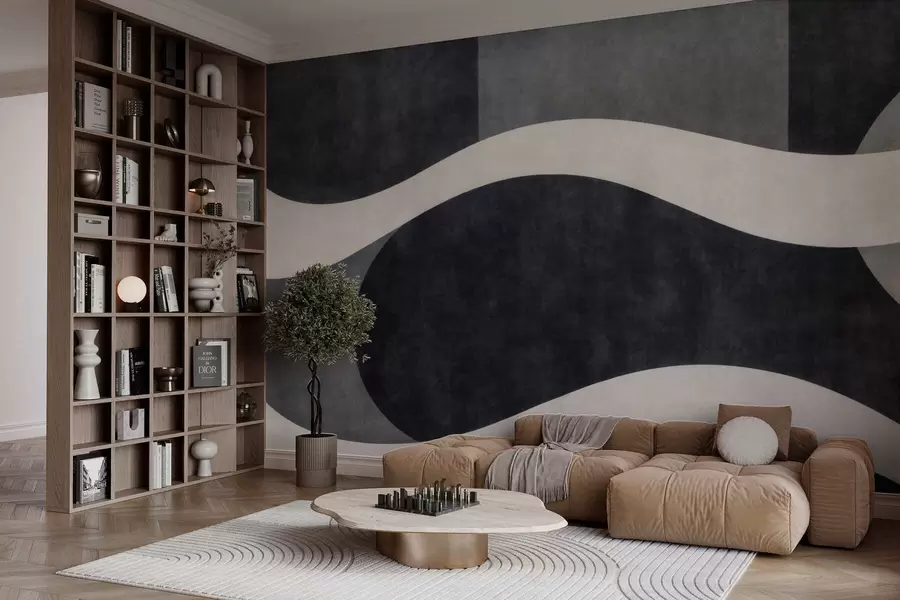 wall murals Graphite with flowing pale waves over deep charcoal gray forms w05854