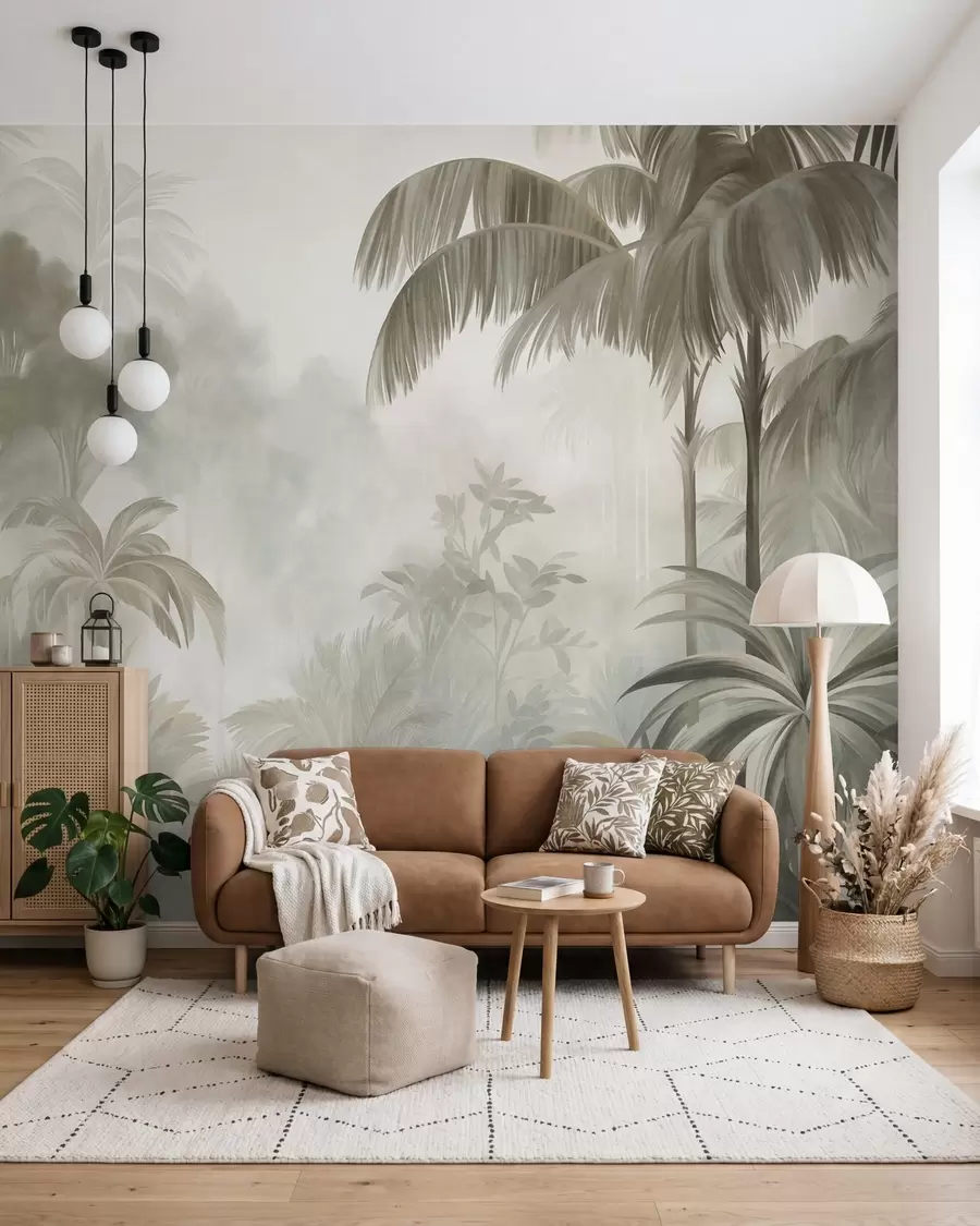 wall murals Textured jungle landscape with palm trees and lush foliage, in a soft, painterly style w10016