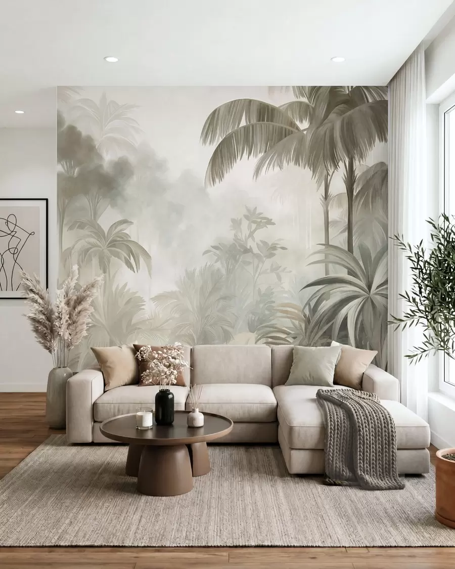 wall murals Textured jungle landscape with palm trees and lush foliage, in a soft, painterly style w10016