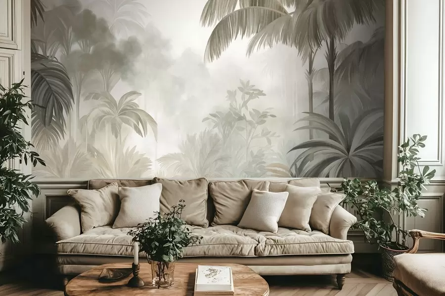 wall murals Textured jungle landscape with palm trees and lush foliage, in a soft, painterly style w10016