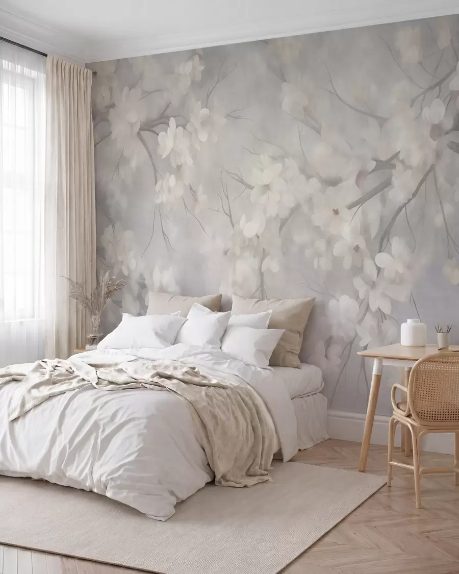 wall murals White cherry blossoms on thin branches, blurred, light gray background, textured art w10012