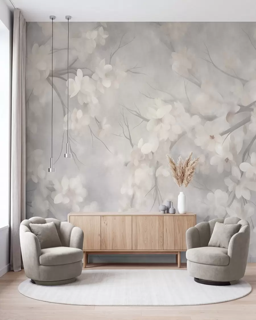 wall murals White cherry blossoms on thin branches, blurred, light gray background, textured art w10012