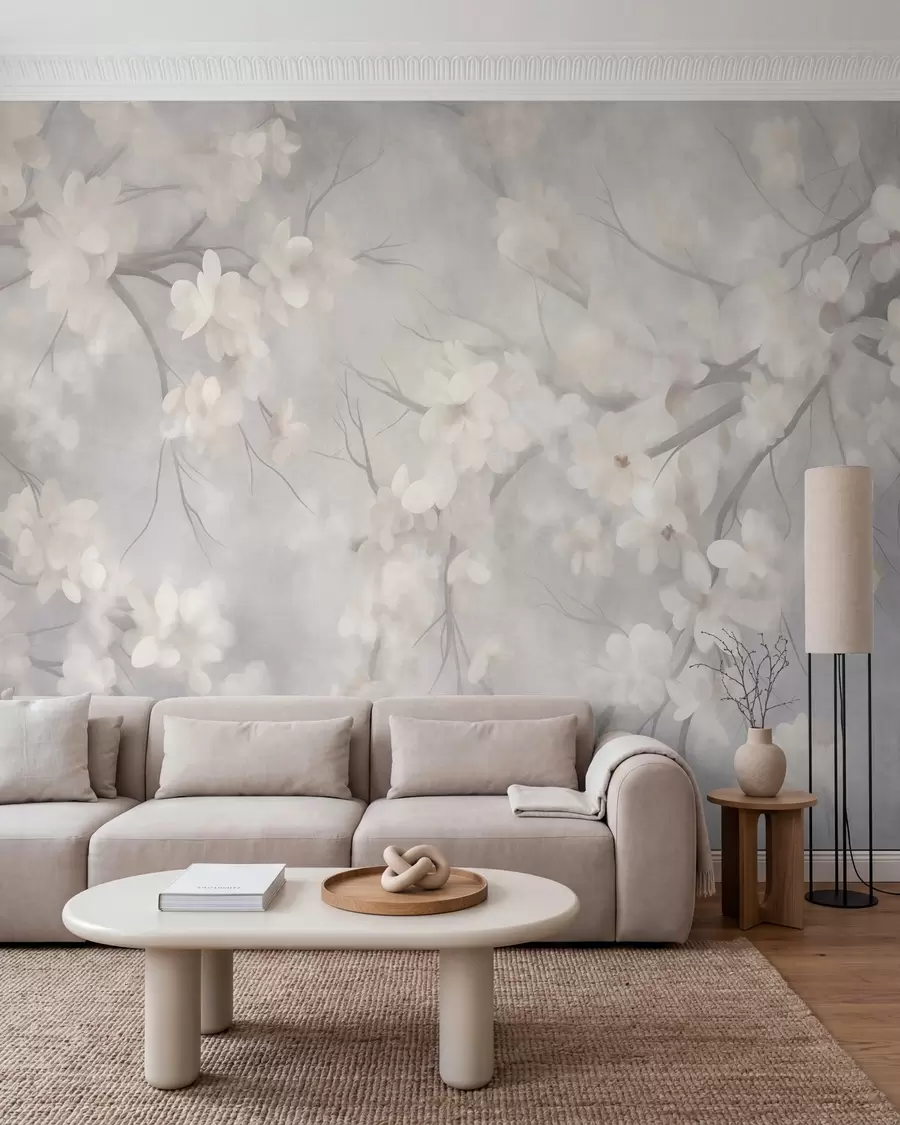 wall murals White cherry blossoms on thin branches, blurred, light gray background, textured art w10012