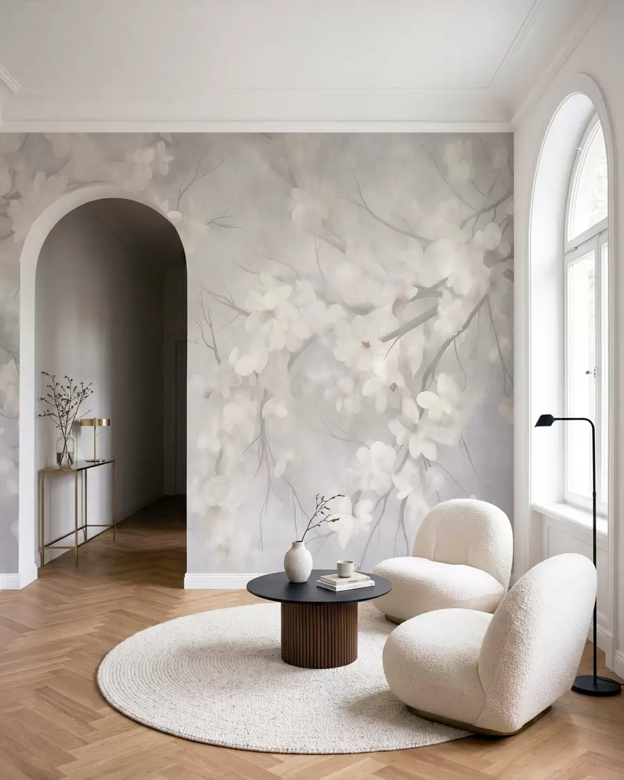 wall murals White cherry blossoms on thin branches, blurred, light gray background, textured art w10012