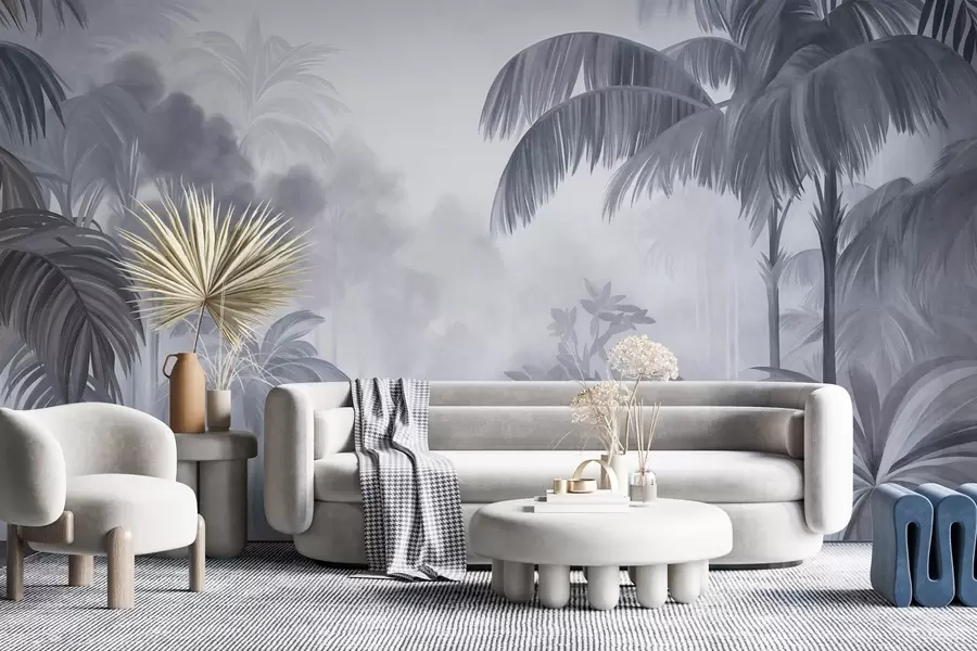 wall murals Textured jungle landscape with palm trees and lush foliage, in a soft, painterly style w10016v1