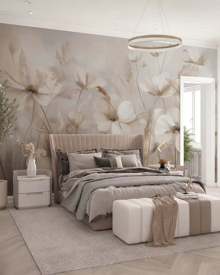 wall murals A field of light-colored flowers and tall grasses in muted tones, textured art w10019