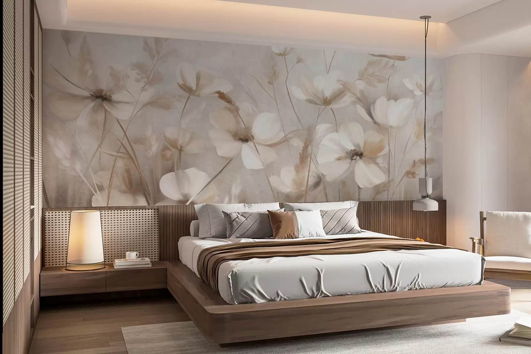 wall murals A field of light-colored flowers and tall grasses in muted tones, textured art w10019
