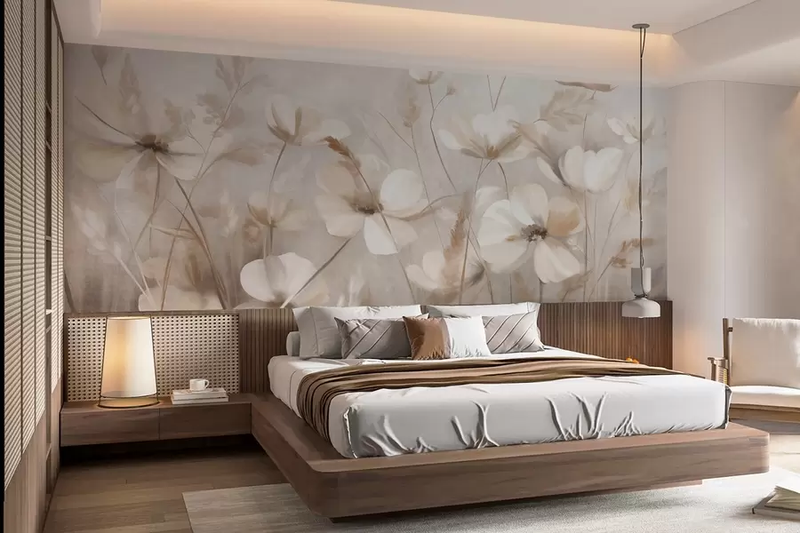 wall murals A field of light-colored flowers and tall grasses in muted tones, textured art w10019