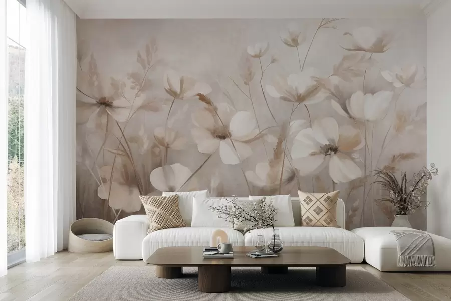 wall murals A field of light-colored flowers and tall grasses in muted tones, textured art w10019