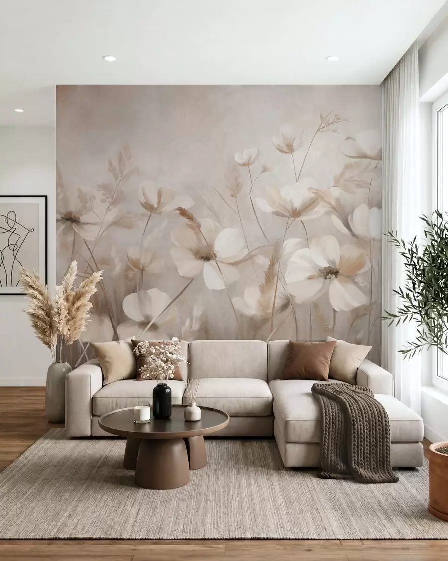 wall murals A field of light-colored flowers and tall grasses in muted tones, textured art w10019