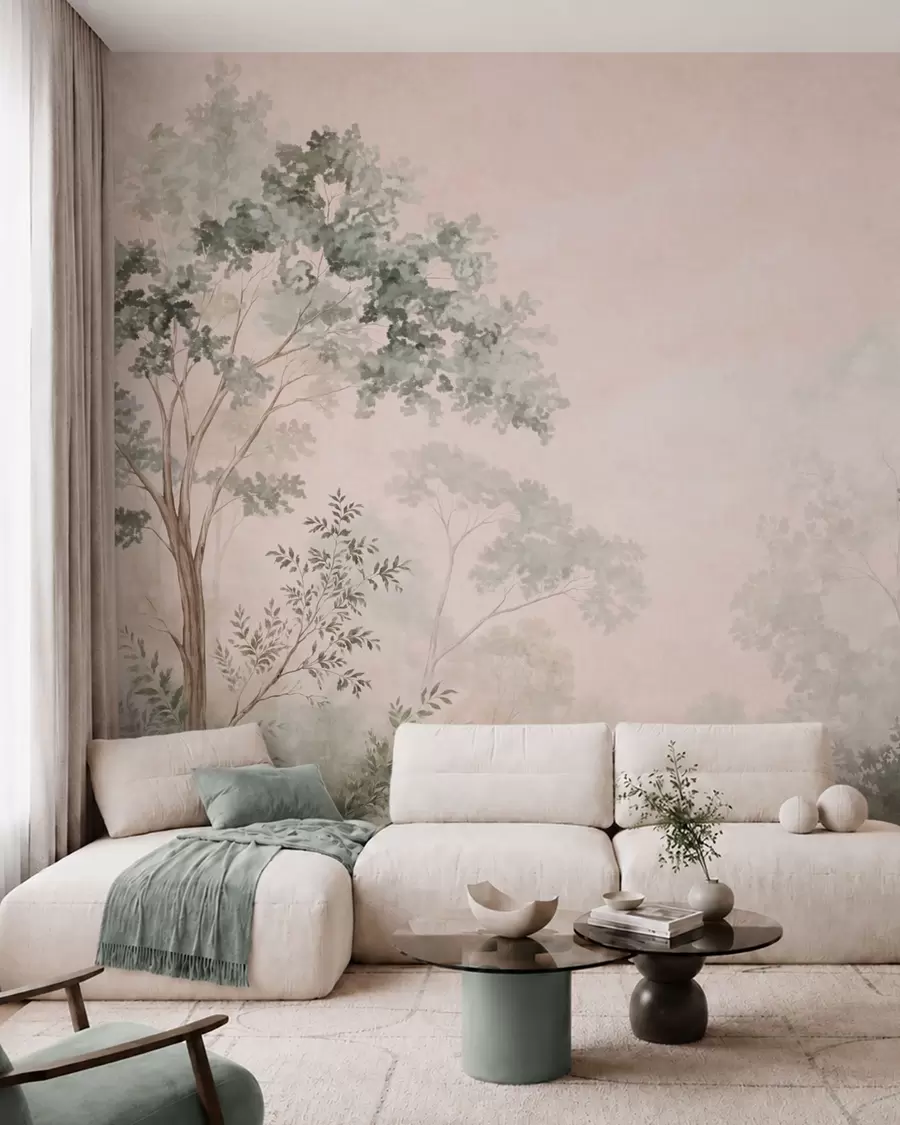 wall murals Forest trees and shrubs in misty pastel tones w05856