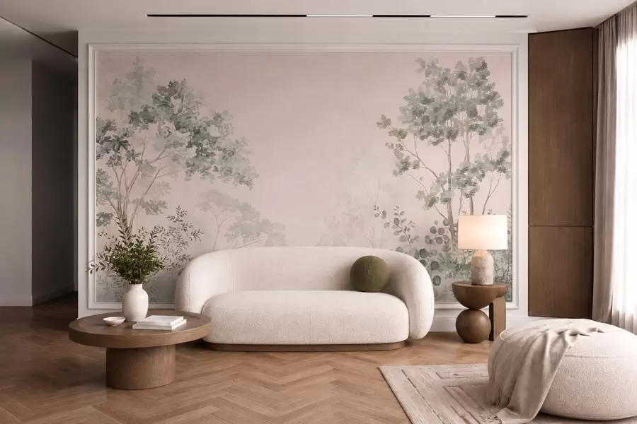 wall murals Forest trees and shrubs in misty pastel tones w05856