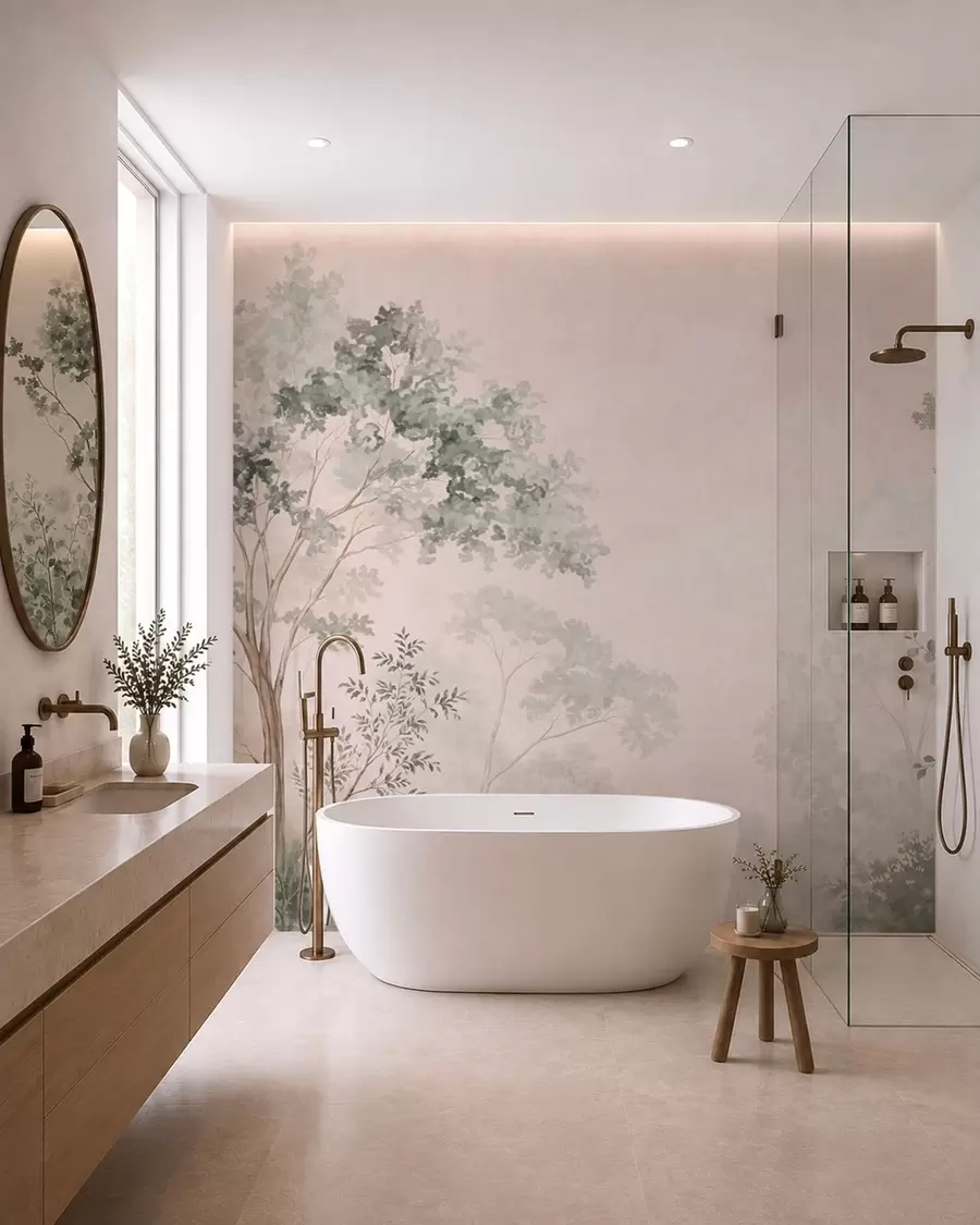 wall murals Forest trees and shrubs in misty pastel tones w05856