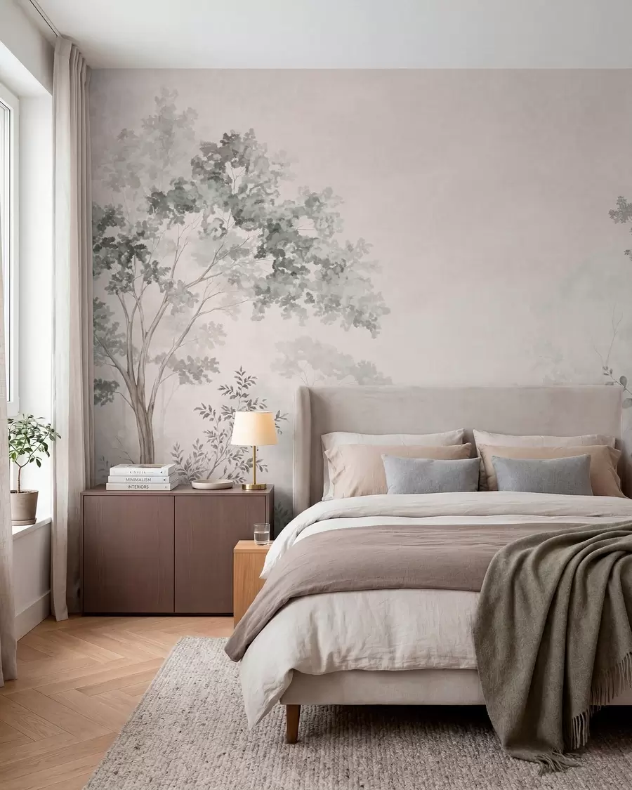 wall murals Forest trees and greenery on a light misty background w05856v1