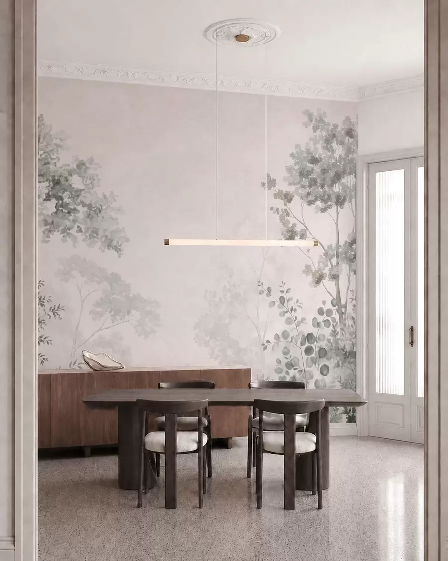 wall murals Forest trees and greenery on a light misty background w05856v1