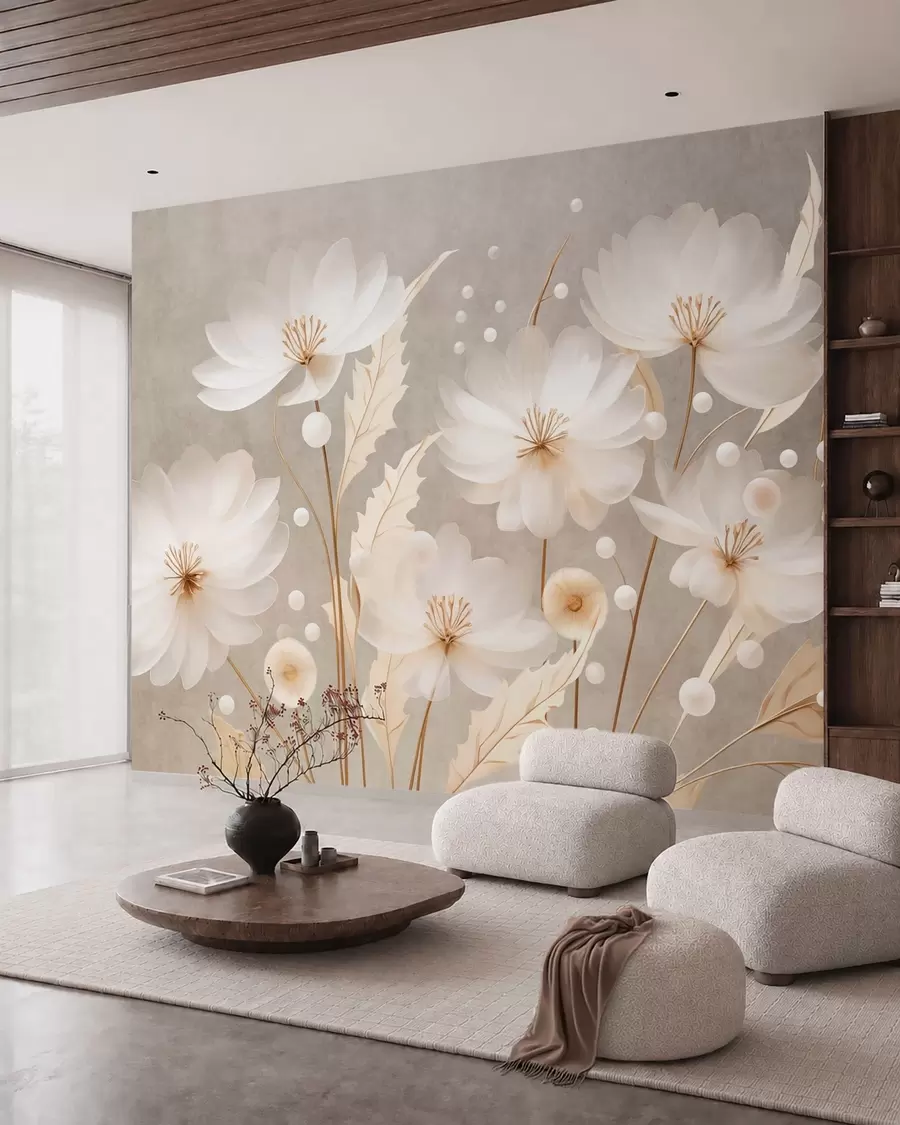 wall murals Large white flowers with decorative leaves on a gray background w05857