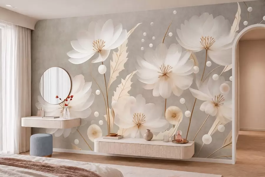 wall murals Large white flowers with decorative leaves on a gray background w05857