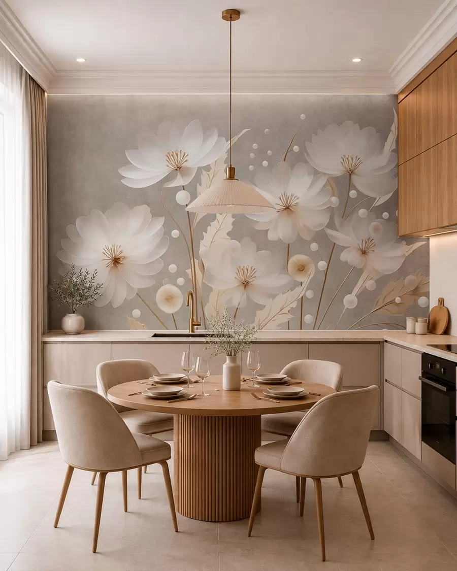 wall murals Large white flowers with decorative leaves on a gray background w05857