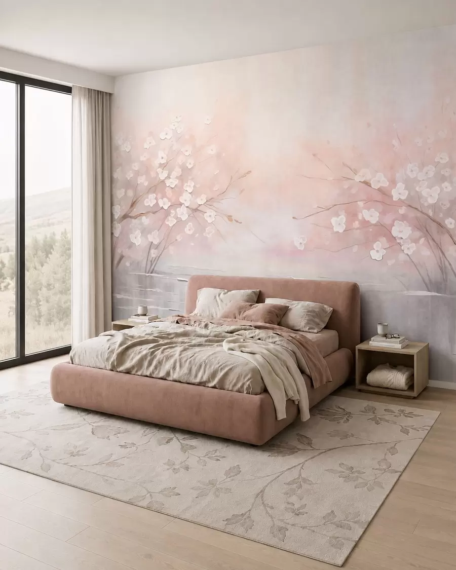 wall murals Flowering branches over calm water in soft pink tones w05858