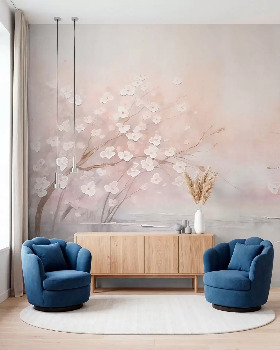 wall murals Flowering branches over calm water in soft pink tones w05858