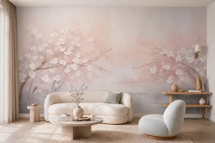 wall murals Flowering branches over calm water in soft pink tones w05858