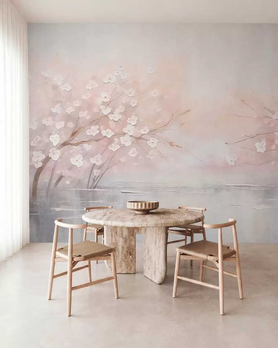 wall murals Flowering branches over calm water in soft pink tones w05858