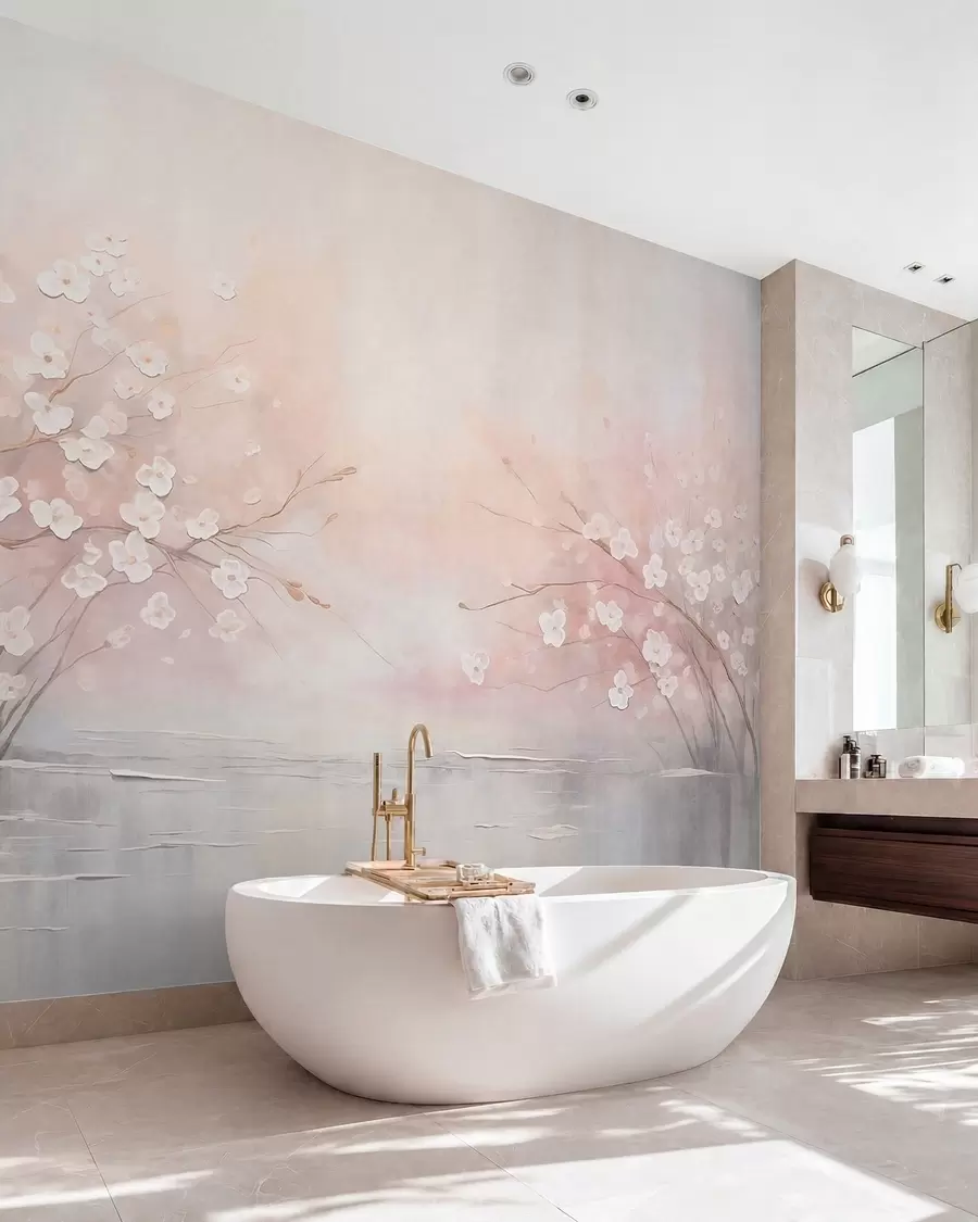 wall murals Flowering branches over calm water in soft pink tones w05858