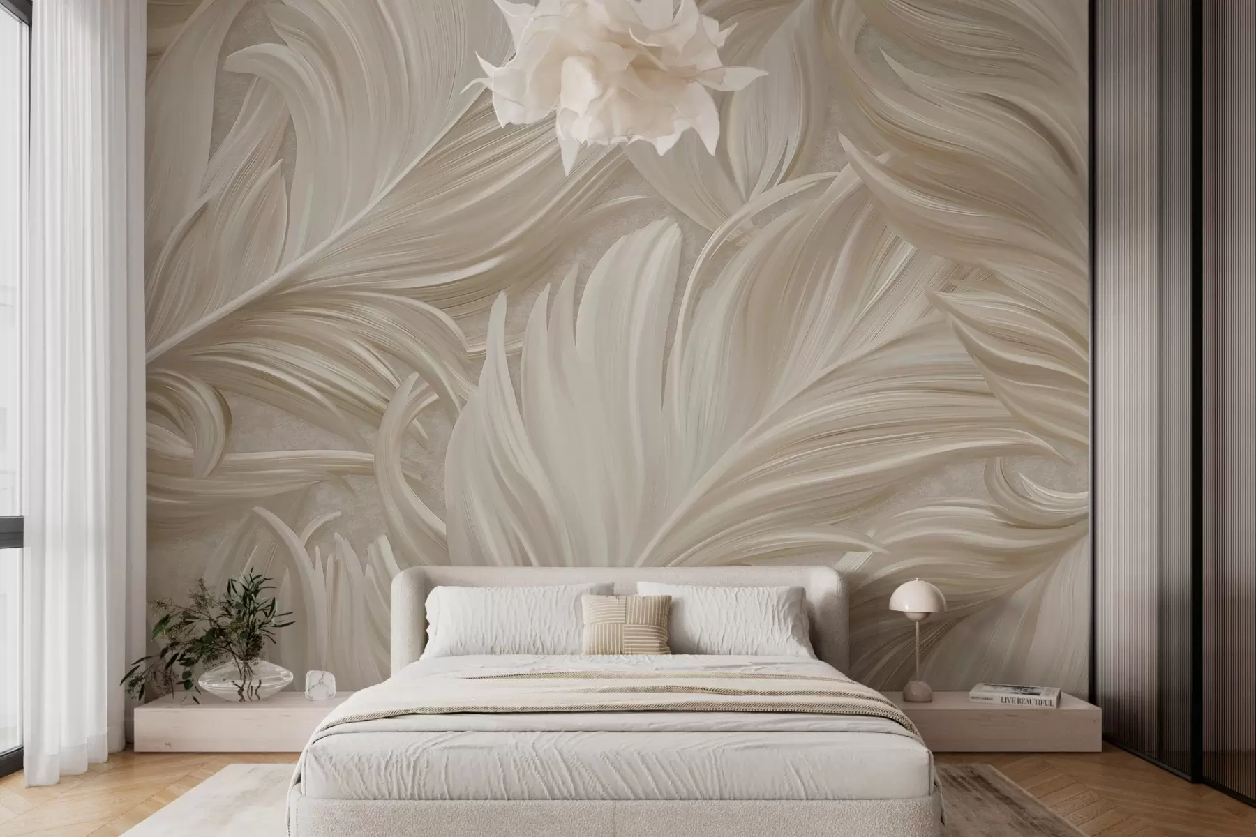 wall murals A large, painted, curved feather in warm beige tones w05757