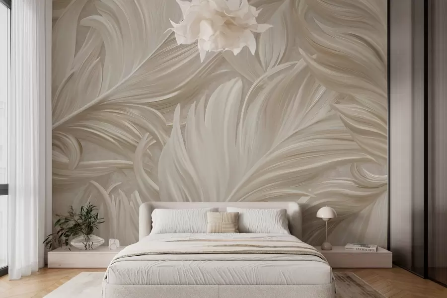 wall murals A large, painted, curved feather in warm beige tones w05757