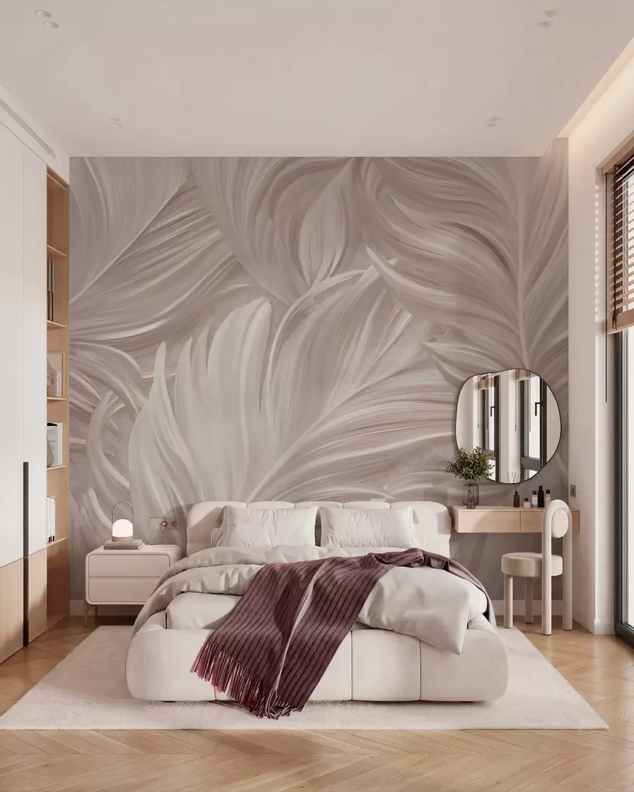 wall murals A large, painted, curved feather in shades of pink pearls w05757v1