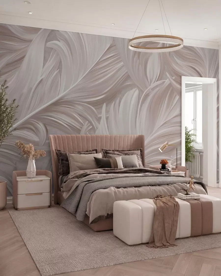 wall murals A large, painted, curved feather in shades of pink pearls w05757v1