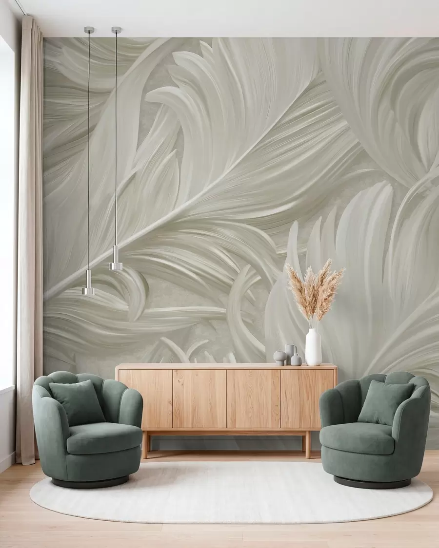 wall murals A large, painted, curved feather in shades of cool beige w05757v2