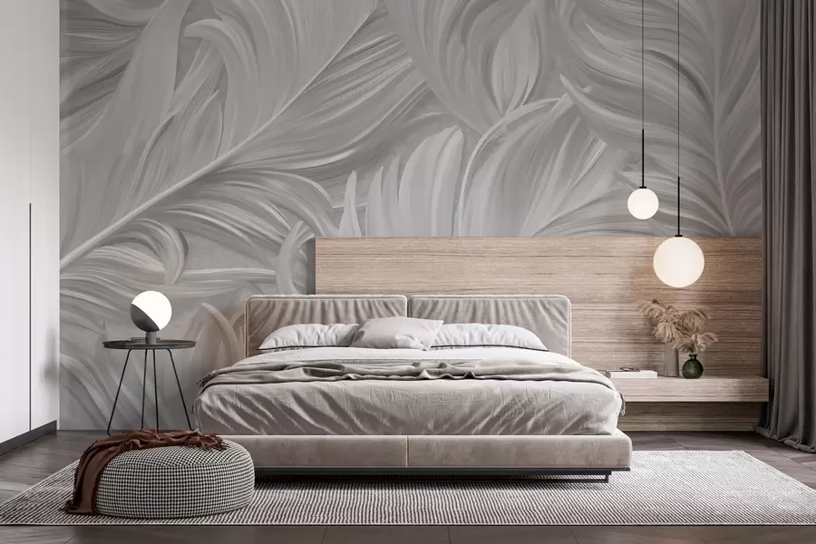 wall murals A large, painted, curved feather in shades of grey w05757v3